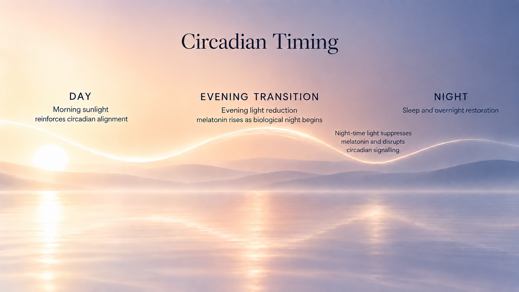 Circadian Timing showing the progression from morning sunlight through evening light reduction and biological night to overnight restoration